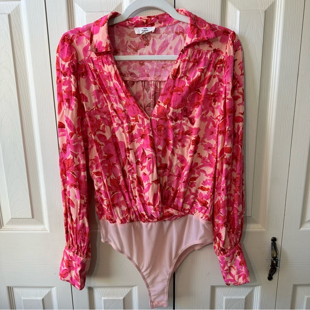 Entro Floral Pink Collared Faux Wrap V-Neck Long Sleeve Bodysuit Womens Size L